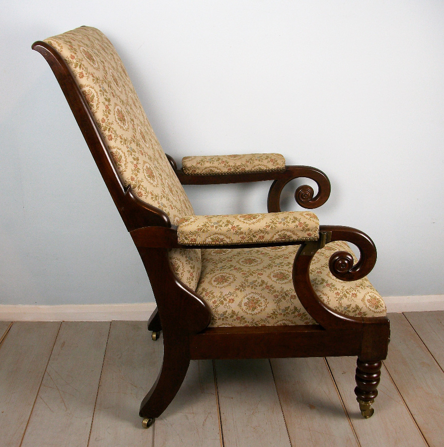 Antique Reclining Mahogany Library Armchair